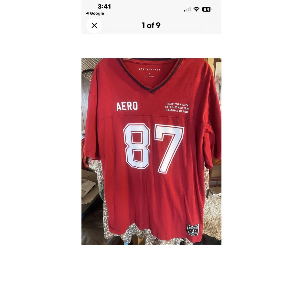 Aeropostale Mens V-Neck Jersey Graphic T-Shirt Red 87 NYC‎ Athletic Small